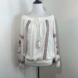 Xhilaration Blouse S White Boho Romantic Cottagcore Peasant Embroidered Gauzy